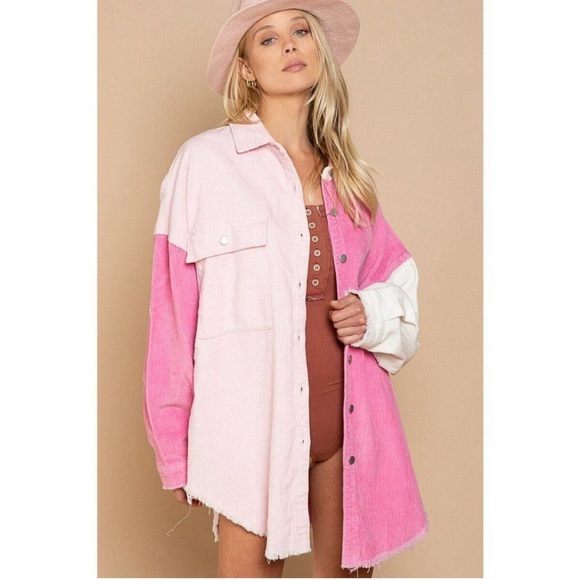 POL Corduroy Oversized Colorblock Shirt Jacket Shacket Pink - Picture 1 of 16
